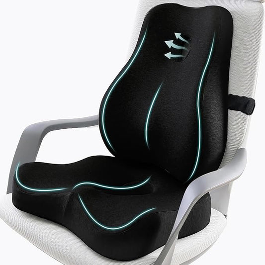 Seat Cushion & Lumbar Support Pillow Set for Office Chair, Ergonomic Pillow for Sciatica Pain Relief, Memory Foam Back Support Pillow & Chair Cushion for Gaming Chair and Travel (Black)