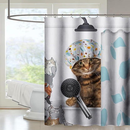 AILONEN Funny Cat with Shower Cap Shower Curtain for Kids 72" W*84" H Inch,Cute Cartoon Animals Bathroom Curtain,12 Pack Hooks Polyester Waterproof Fabric Decor for Bathroom,White