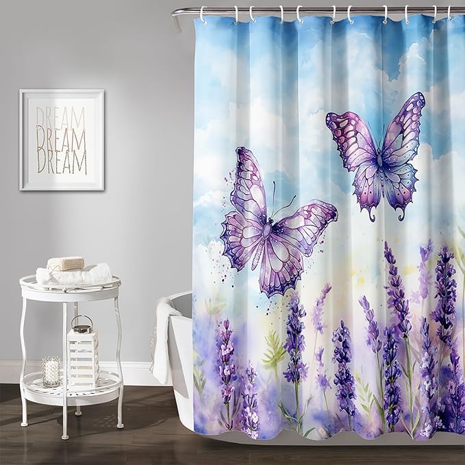 AILONEN Beautiful Butterfly Shower Curtain for Kids Girls Boys, Flying Butterfly Bath Curtains for Bathroom,Blossoming Lavender Flowers Shower Curtain Set with Hooks,72" W*72" H
