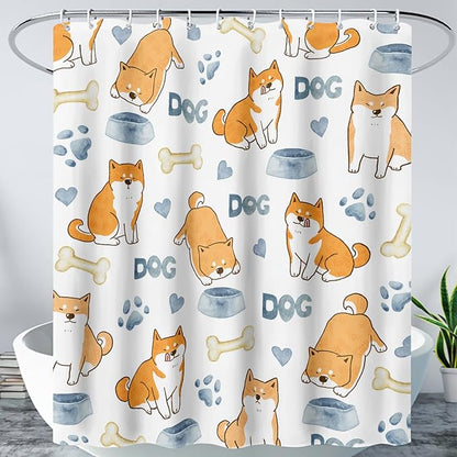 AILONEN Cute Dog Shower Curtain, Cartoon Shiba Inu Dog Bath Curtain,Pet Dog Paw Print Dog Lover Minimalist White Waterproof Curtain with 12 Plastic Hooks(72" W*96" H)