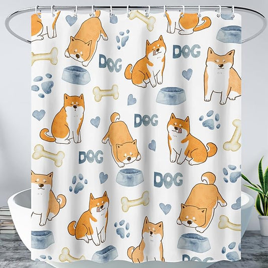 AILONEN Cute Dog Shower Curtain, Cartoon Shiba Inu Dog Bath Curtain,Pet Dog Paw Print Dog Lover Minimalist White Waterproof Curtain with 12 Plastic Hooks(72" W*96" H)