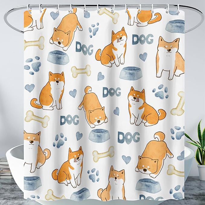 AILONEN Cute Dog Shower Curtain, Cartoon Shiba Inu Dog Bath Curtain,Pet Dog Paw Print Dog Lover Minimalist White Waterproof Curtain with 12 Plastic Hooks(72" W*84" H)