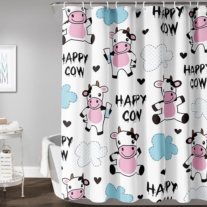AILONEN Cute Cow Shower Curtain for Bathroom, Kids Children Cow Print Bathroom Curtain,Happy Cow Bath Curtain 72" W*78" H Polyester Waterproof Bathroom Curtain with 12 Hooks