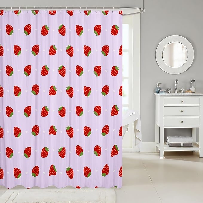 Feelyou Strawberry Fabric Shower Curtain Kawaii Fruit Shower Curtain for Kids Boys Girls Cute Bathroom Waterproof Accessories with 12 Hooks Kawaii Lovely Curtains,72x72 Inches