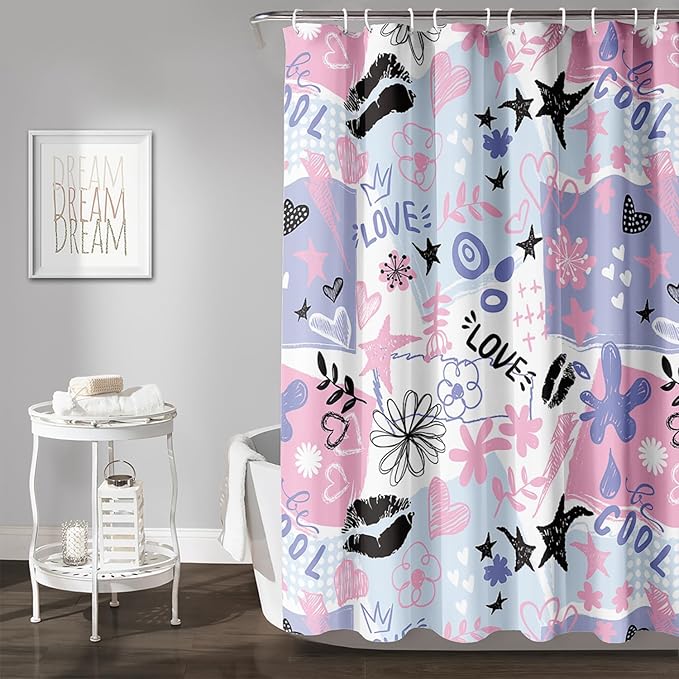 AILONEN Love Lipstick Shower Curtain,Stars with Flowers Theme Waterproof Fabric Shower Curtain Set for Girls Boys Kids Teens, 72" W*72" H Purple Graffiti Shower Curtain Set