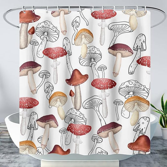 AILONEN Cartoon Mushroom Shower Curtain,Modern Shabby Chic Plants Fungus Themed Waterproof Bath Curtain,Minimalist Curtain for Bathroom Decor, 36" W x 72" H