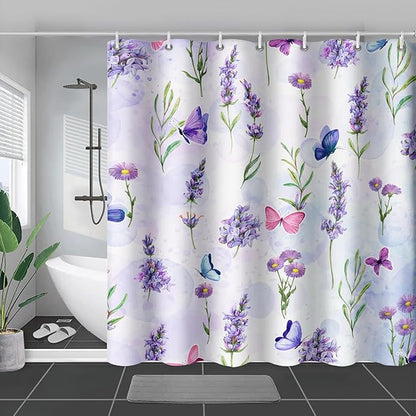 AILONEN Purple Flower Butterfly Shower Curtain 72" W*84" H,Spring Floral Girls Bathroom Decor,Modern Tie Dye Watercolor Butterfly Bath Curtain Polyester Waterproof Bathroom Curtain with Hooks