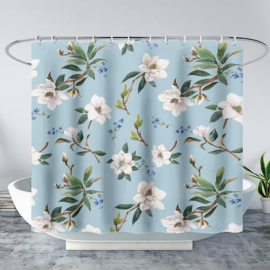 AILONEN Flower Shower Curtain, White Gardenia on Blue Background Fabric Shower Curtains for Bathroom,Elegant Floral Pattern Shower Curtain Set for Girls Women Couple,36" W*72" H