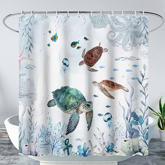 AILONEN Cartoon Sea Turtle Shower Curtain Set, Blue Ocean Animals Waterproof Fabric Shower Curtain,Gouache Anchor Nautical Theme Shower Curtain Liner for Bathroom with Hooks,72" Wx72 H