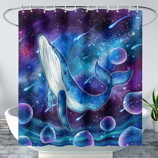 AILONEN Cartoon Blue Whale Shower Curtain,Swimming Whale Fabric Shower Curtains for Bathroom,Starry Night Bathroom Curtains for Kids Girls Boys,Fantasy Whale Bath Curtain Set, 72" W*78" H