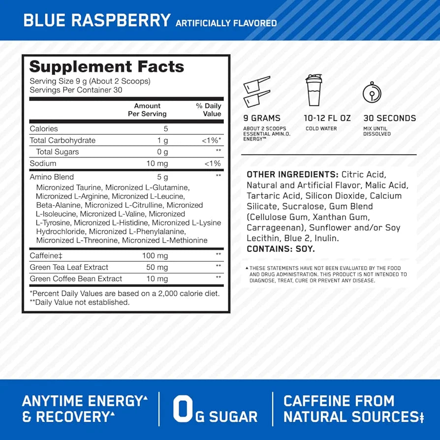 Optimum Nutrition Amino Energy - Pre Workout with Green Tea, BCAA, Amino Acids, Keto Friendly, Green Coffee Extract, Energy Powder - Blue Raspberry, 30 Servings 