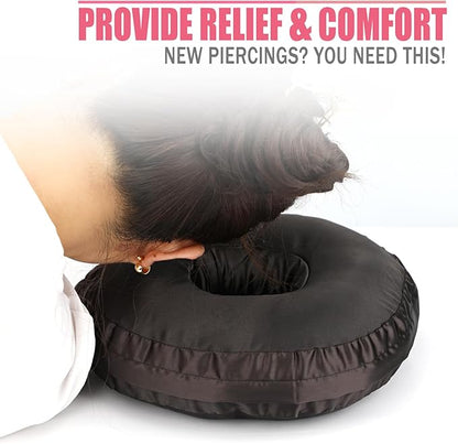 Satin Ear Piercing Pillow Removable Cover Luxury Cnh Pillow with Ear Holes for Ear Pain Side Sleepers Washable Large Donut Pillows Head Neck Support Black