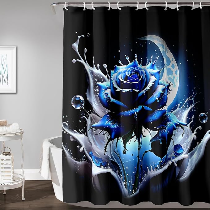 AILONEN 3D Rose Shower Curtain for Bathroom, Evening Moon Blue Rose Bath Curtain for Girls Women, Modern Floral Print Minimalism Shower Curtain Waterproof with 12 Plastic Hooks 48" W*72" H