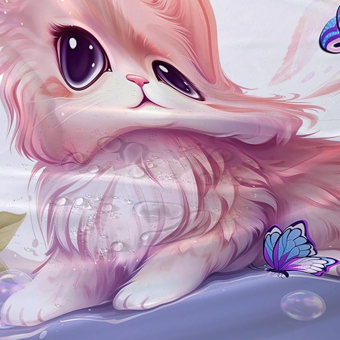 AILONEN Cute Cat Shower Curtain for Kids Boys,Kawaii Kitten and Butterfly Fabric Shower Curtains for Bathroom,Big Eye Pink Cat Polyester Cloth Bath Curtain Set, 72" W*96" H Pink