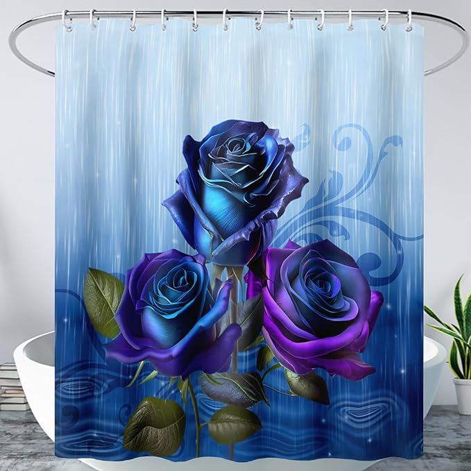 AILONEN Blue Rose Shower Curtain for Girls,Raining Rose Shower Curtain for Bathroom Decor,Women Kids Polyester Waterproof 3D Printed Bath Curtain with 12 Hooks,72" W*84" H