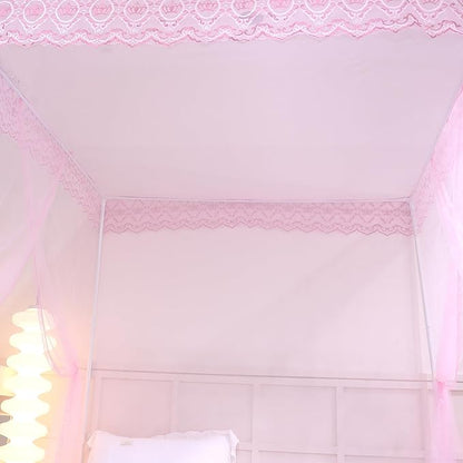 Bed Canopy, Princess Bed Curtain Net for Girls & Adults，Three-Doors Rectangle Lace Dome Netting (Baby Pink, King)