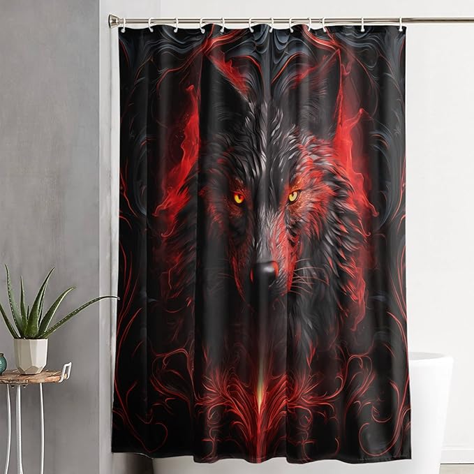 AILONEN 3D Black Wolf Shower Curtain Set,Fire Wolf Head Bathroom Curtain for Kids Girls Boys,Boho Style Shower Curtain,Wild Animal Shower Curtains for Bathroom Decor, 48" W*72" H
