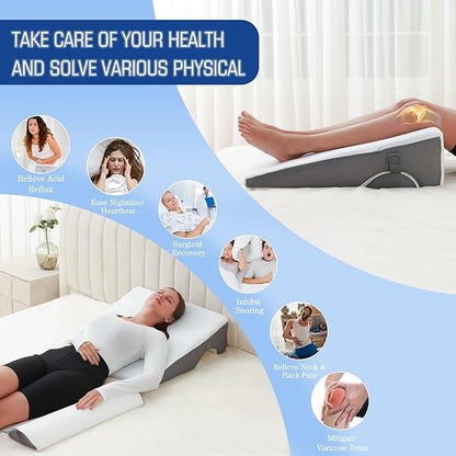 Bed Wedge Pillow for Sleeping, 6 & 7.5 & 10 Inch Adjustable Height Wedge Pillows for After Surgery, 16-in-1 Memory Foam Triangle Pillow Wedge Relieve Acid Reflux, Gerd, Snoring