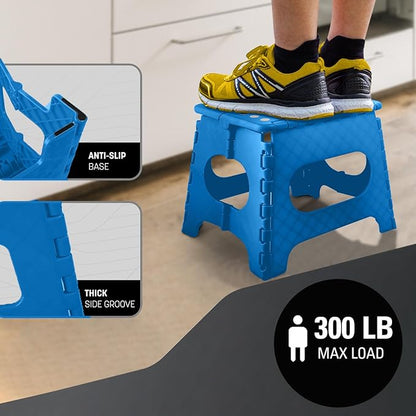 Lightweight 11" Folding Step Stool - Durable, Portable & Easy to Store - Anti-Skid Feet for Safety - Compact and Versatile - Max. Weight Capacity 300Lbs - Blue - Perfect for Adults and Kids