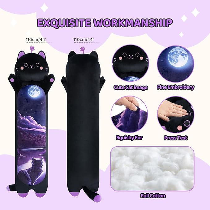 Long Cat Plush Kawaii Kids Plush Toy Pillows, Cute Black Cat Stuffed Animals Soft Plushies, Kitten Big Plush Toys Throw Body Pillow Doll Gift for Girls Boys (Purple Devil Cat 44 Inch)