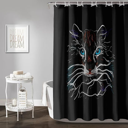 AILONEN Cat Shower Curtain for Kids Teens,Colorful Line Cat Bath Curtain for Bathroom,Animal Polyester Waterproof with 12 Plastic Hooks 48" W*72" H