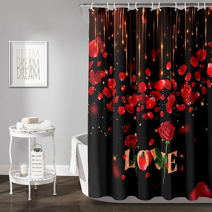 AILONEN Red Rose Flower Shower Curtain,Red and Black Shower Curtain,Romantic Flower Couple Lover Bath Curtain,Rose Themed Bathroom Decor,Waterproof 36" W x 72" H