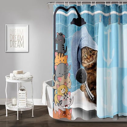 AILONEN Funny Cat Shower Curtain for Kids 72"W*84"H Inch, Cartoon Animal Bathroom Curtain,12 Pack Hooks Polyester Waterproof Fabric Decor for Bathroom,Cute Kitten Taking Shower Cloth Fabric Bathroom