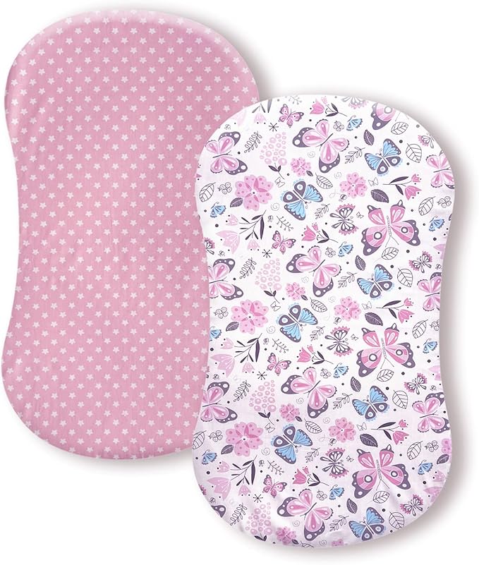Premium Cotton Butterfly Bassinet Sheets, Fit for Halo Bassinest Swivel Sleeper, 2 Pack Hourglass Bassinet Mattress Sheet Set for Girl, Soft Breathable Safe, Pink Stars Butterfly