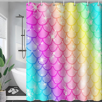 AILONEN Mermaid Scale Shower Curtain,Rainbow Mermaid Scale Bath Curtain Gifts for Girls,Polyester Waterproof for Bathroom with 12 Plastic Hooks 72" W*96" H