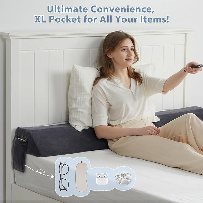 Queen Bed Wedge Pillow for Headboard Gap, Mattress Bed Gap Filler(0-8"), Between Headboard and Mattress, Triangle Headboard Pillow(Grey,Queen)