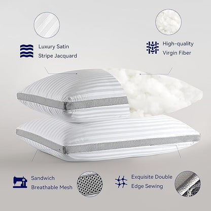 SLEEP ZONE Bed Pillows for Sleeping, Queen Size Set of 2, Sandwich Mesh with Breathable Sides, Premium Soft Pillows for Back, Stomach or Side Sleepers