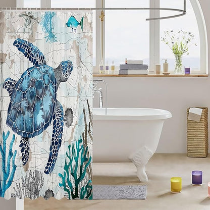 Feelyou Sea Turtle Shower Curtain Ocean Theme Fabric Shower Curtain for Kids Boys Girls Nautical Bathroom Waterproof Accessories with 12 Hooks Ocean Creature Curtains,72x84 Inches