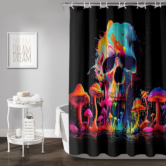 AILONEN Mushroom Skull Shower Curtain for Bathroom, 3D Oil Painting Mushroom Skull Bath Curtain for Kids Boys Girls,Modern Abstract Print Waterproof Black Curtain with 12 Plastic Hooks, 72" W*72" H