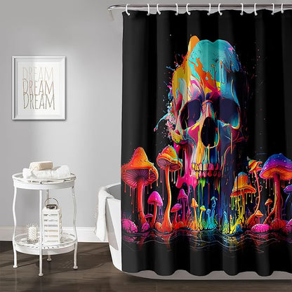 AILONEN Mushroom Skull Shower Curtain for Bathroom, 3D Oil Painting Mushroom Skull Bath Curtain for Kids Boys Girls,Modern Abstract Print Waterproof Black Curtain with 12 Plastic Hooks, 72" W*72" H