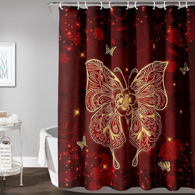 AILONEN Rose Butterfly Waterproof Curtain,Red and Gold Butterfly Floral Bath Curtain,Modern Chic Flower Polyester Fabric Red Curtain with 12 Plastic Hooks, 72" W x 96" H
