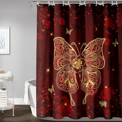 AILONEN Rose Butterfly Waterproof Curtain,Red and Gold Butterfly Floral Bath Curtain,Modern Chic Flower Polyester Fabric Red Curtain with 12 Plastic Hooks, 72" W x 96" H