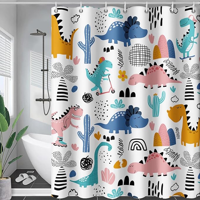 AILONEN Dinosaur Shower Curtain for Kids Boys,Cartoon Dinosaur Bath Curtain 48" W*72" H,Cactus Rainbow Dinosaur Waterproof Shower Curtain with 12 Plastic Hooks