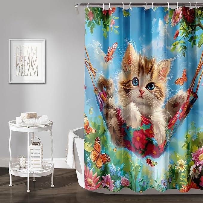 AILONEN Kawaii Cat Shower Curtain Set, Swing Cat with Butterfly Waterproof Fabric Shower Curtain for Kids Boys Girls,Cartoon Pet Cats Cloth Bath Curtain,72" W*84" H