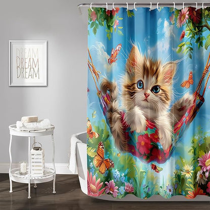 AILONEN Kawaii Cat Shower Curtain Set, Swing Cat with Butterfly Waterproof Fabric Shower Curtain for Kids Boys Girls,Cartoon Pet Cats Cloth Bath Curtain,72" W*84" H