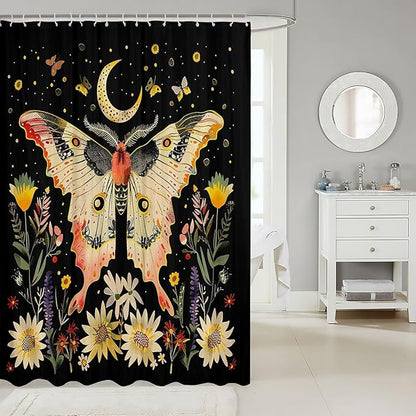 Feelyou Boho Butterfly Fabric Shower Curtain Bohemian Moth Shower Curtain for Kids Boys Girls Moon Galaxy Bathroom Waterproof Accessories with 12 Hooks Flower Weed Botanical Curtains,72X84 Inches
