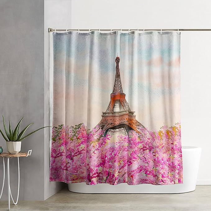 AILONEN Paris Tower Shower Curtain,Romantic Tower Theme Waterproof Fabric Shower Curtain Set for Girls Kids Teens, 72" W*78" H Pink Flowers Dreamy Eiffel Tower Shower Curtain