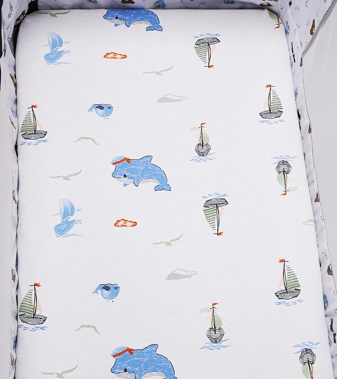 Bassinet Sheets Compatible with 4moms Mamaroo Sleep Bassinet, 2 Pack Fitted Sheets, 100% Jersey Knit Cotton 190GSM, Ultra Soft Breathable, Dolphin and Whale