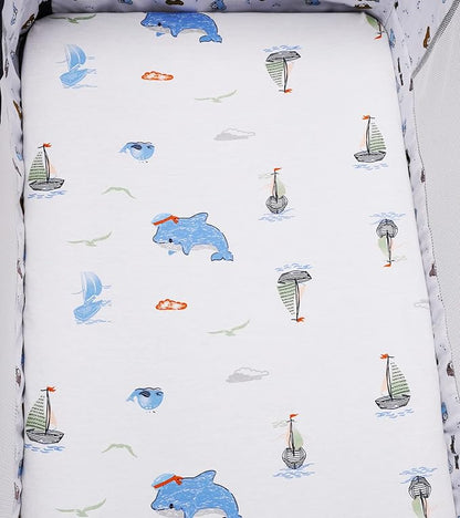Bassinet Sheets Compatible with 4moms Mamaroo Sleep Bassinet, 2 Pack Fitted Sheets, 100% Jersey Knit Cotton 190GSM, Ultra Soft Breathable, Dolphin and Whale
