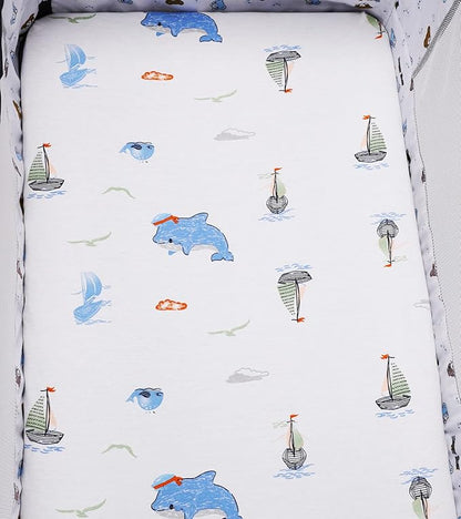 Bassinet Sheets Compatible with Chicco Lullago Anywhere & Baby Bjorn Cradle Bassinet, 2 Pack, 100% Jersey Knit Cotton 190GSM, Ultra Soft Breathable, Dolphin and Whale