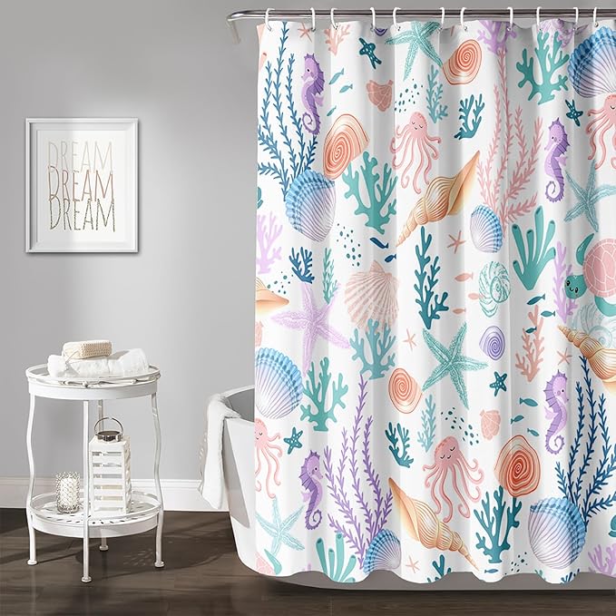 AILONEN Kids Ocean Shower Curtain for Bathroom,Funny Cute Octopus Fish Ocean Under Sea Coral Starfish Bath Curtain for Boys Girls,60" W*72" H Art Waterproof Decor Fabric 12 Pack Hooks