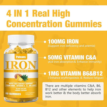 2 Packs 100MG Iron Supplement Gummies for Women & Men - with Vitamin A, C, B - Blood Builder ＆ Energy Support for Iron Deficiency, Anemia, Adults ＆ Children, Vegan, Pineapple Flavor Gummy, 120ct