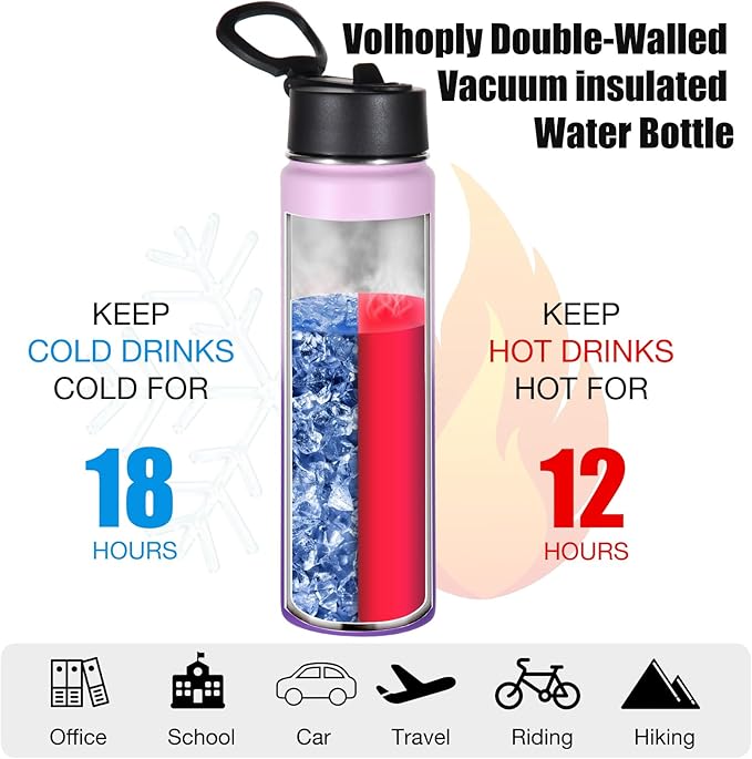Volhoply 24oz Insulated Water Bottle With Straw Bulk 6 Pack,Metal Wide Mouth Water Bottles With Handle Keep Cold,Reusable Double Wall Thermos,Powder Coated Sport Bottle For Holder(Lavender,6 Count)