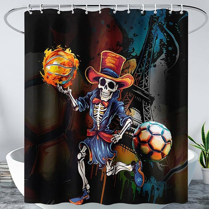 AILONEN Sugar Skull Shower Curtain,Funny Skull Skeleton Design Shower Curtain Set with Hooks for Boys Girls Teens,Skeletons Playing Balls Waterproof Fabric Shower Curtain for Bathroom,60" W*72" H