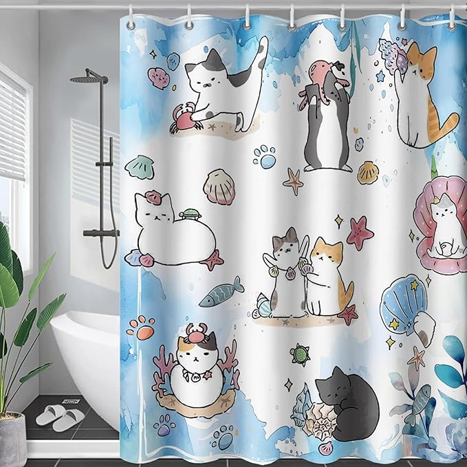 AILONEN Watercolor Cat Shower Curtain for Bathroom, Cute Cat Princess Shell Waterproof Bath Curtain,Cat Lover Minimalist White Curtain with 12 Plastic Hooks(72" W*84" H)