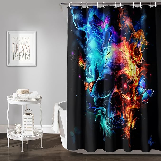 AILONEN Sugar Skull Shower Curtain for Bathroom,Blue and Red Smoky Skull Bath Curtain Decoration,Starry Butterfly Skull Skeleton Print Waterproof Shower Curtain with 12 Plastic Hooks, 72" W*84" H